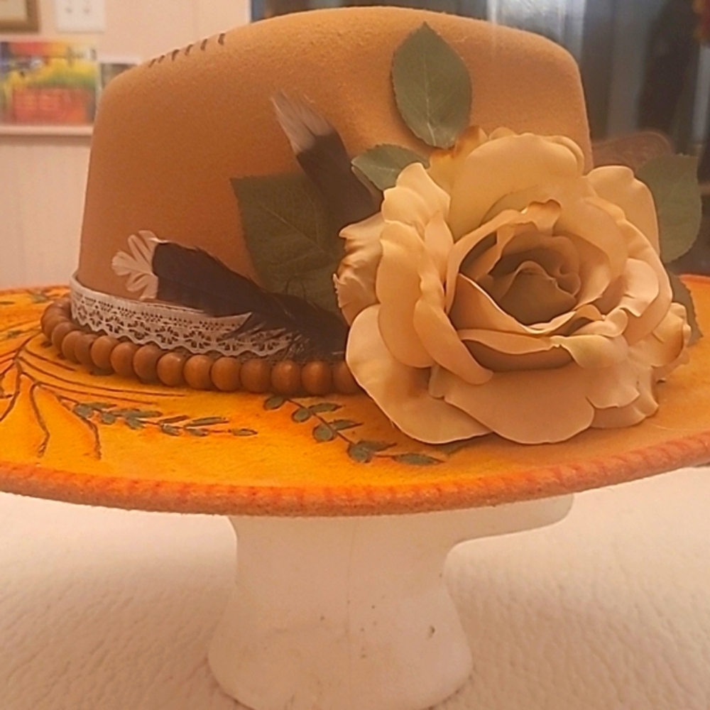 Hand Crafted Beige Orange Floral Bolero Hat Burned Outlines  Feathers Flowers - Picture 7 of 15